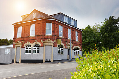 Buy stock photo Building, hotel and architecture or small town travel destination or journey, accommodation or real estate. Residential, lodge and road or downtown city in Italy for property, vacation or hospitality