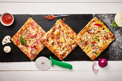 Buy stock photo Top view, fast food and variety of pizza with meat for dinner preparation, baking process and ingredients. Patisserie, napoli sauce and onion with mushroom in restaurant or cafe for lunch from above