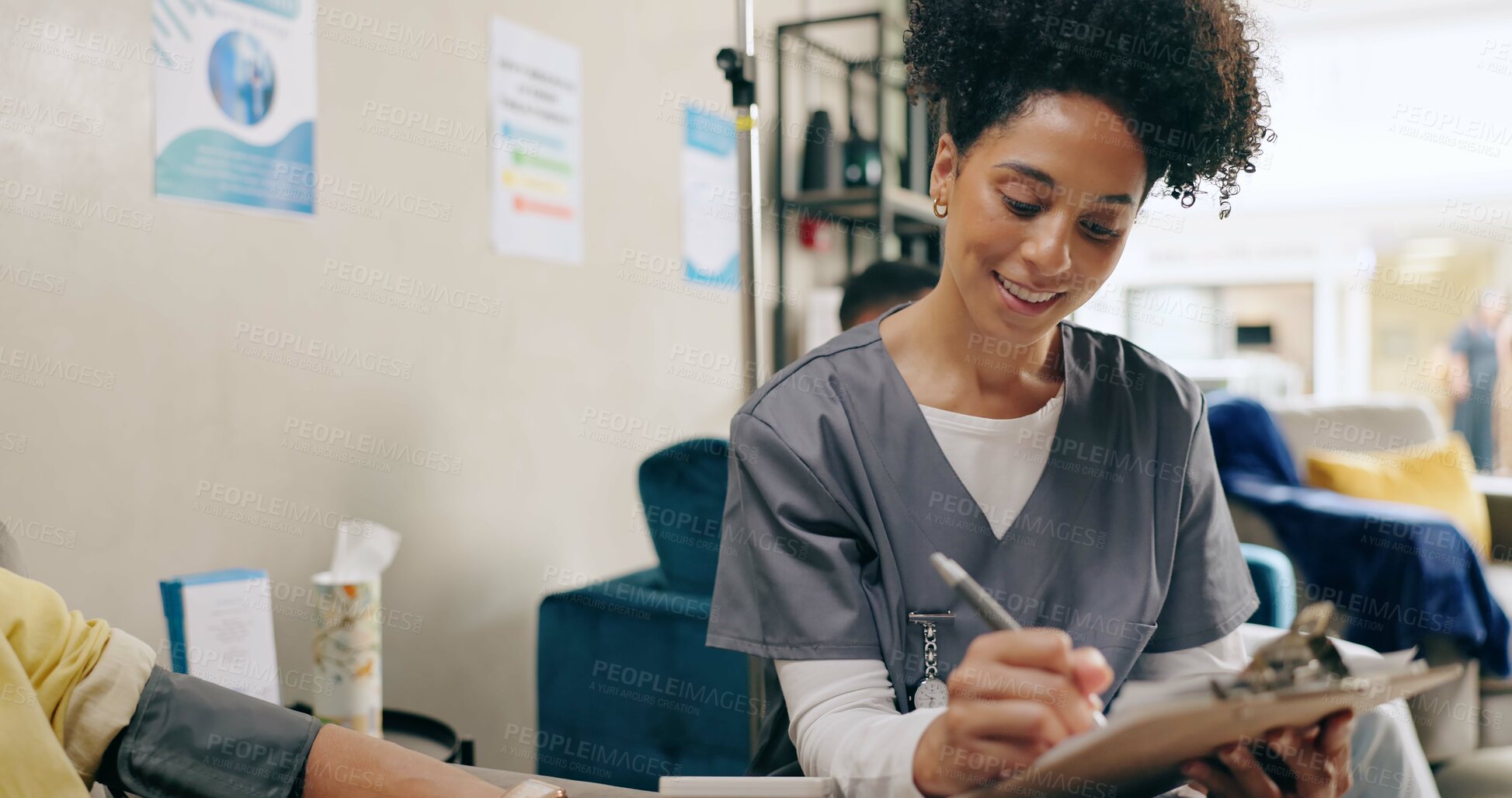 Buy stock photo Happy woman, nurse and patient with clipboard for writing prescription, diagnosis or results at hospital. Young female person or scrub consulting client for heart rate, pulse or checkup at the clinic