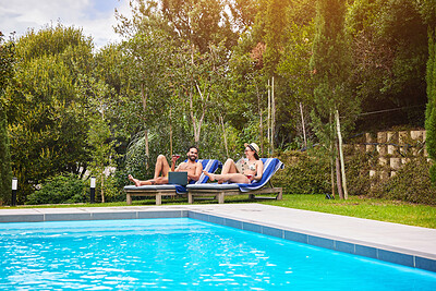 Buy stock photo Swimming pool, couple and chairs outdoor for relax, travel and summer at luxury hotel as holiday. Water, people and sun loungers for wellness, hospitality and vacation at resort in Bali with peace