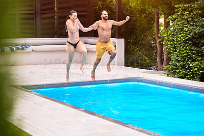Buy stock photo Pool, couple and holding hands for jump, excited and support in relationship at resort. Happy man, woman and freedom on vacation for wellbeing, love and summer fun at water on weekend trip to villa