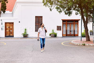 Buy stock photo Walking, travel and man on vacation in city for sightseeing with backpack and camera for journey. Exploring, adventure and person commuting in street by weekend trip accommodation in town in England.