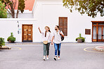 Tourist, travel and couple in street, vacation and heritage walking with memory, honeymoon and holiday. Europe, outdoor and man with woman, getaway trip or conversation for historic buildings or love