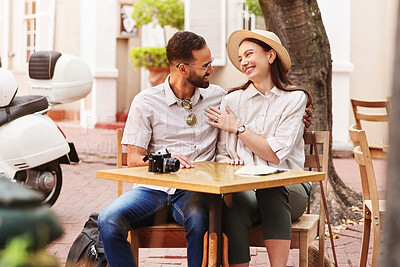 Buy stock photo Happy couple, hug and cafe with date for travel, sightseeing or outdoor bonding together. Young man, woman or tourists enjoying romantic getaway, reservation or holiday trip outside coffee shop