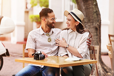 Buy stock photo Happy couple, hug and relax with date at cafe for sightseeing or outdoor bonding together. Young man, woman or tourists enjoying romantic getaway, reservation or holiday trip outside coffee shop