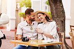 Happy couple, hug and love with date at cafe for sightseeing or outdoor bonding together. Young man, woman or tourists enjoying romantic getaway, reservation or holiday trip outside coffee shop