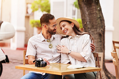 Buy stock photo Happy couple, hug and love with date at cafe for sightseeing, travel or outdoor bonding together. Young man, woman or tourists enjoying romantic getaway or holiday trip with break at coffee shop