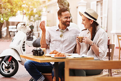 Buy stock photo Couple, happy and food in outdoor cafe with bonding, romantic time and breakfast together for health. Smile, man and woman with brunch in coffee shop for diet nutrition, support and honeymoon in Rome