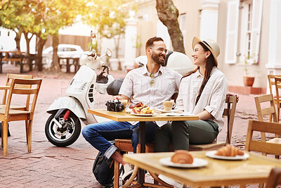 Buy stock photo Couple, smile and food in outdoor cafe with bonding, romantic time and breakfast together for health. Man, woman and happy for brunch in coffee shop with diet nutrition, support and honeymoon in Rome