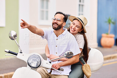 Buy stock photo Happy, couple and travel on scooter with pointing for outdoor adventure, vacation and sightseeing. Man, woman and gesture of direction on moped for romantic anniversary, holiday and tourism in Italy