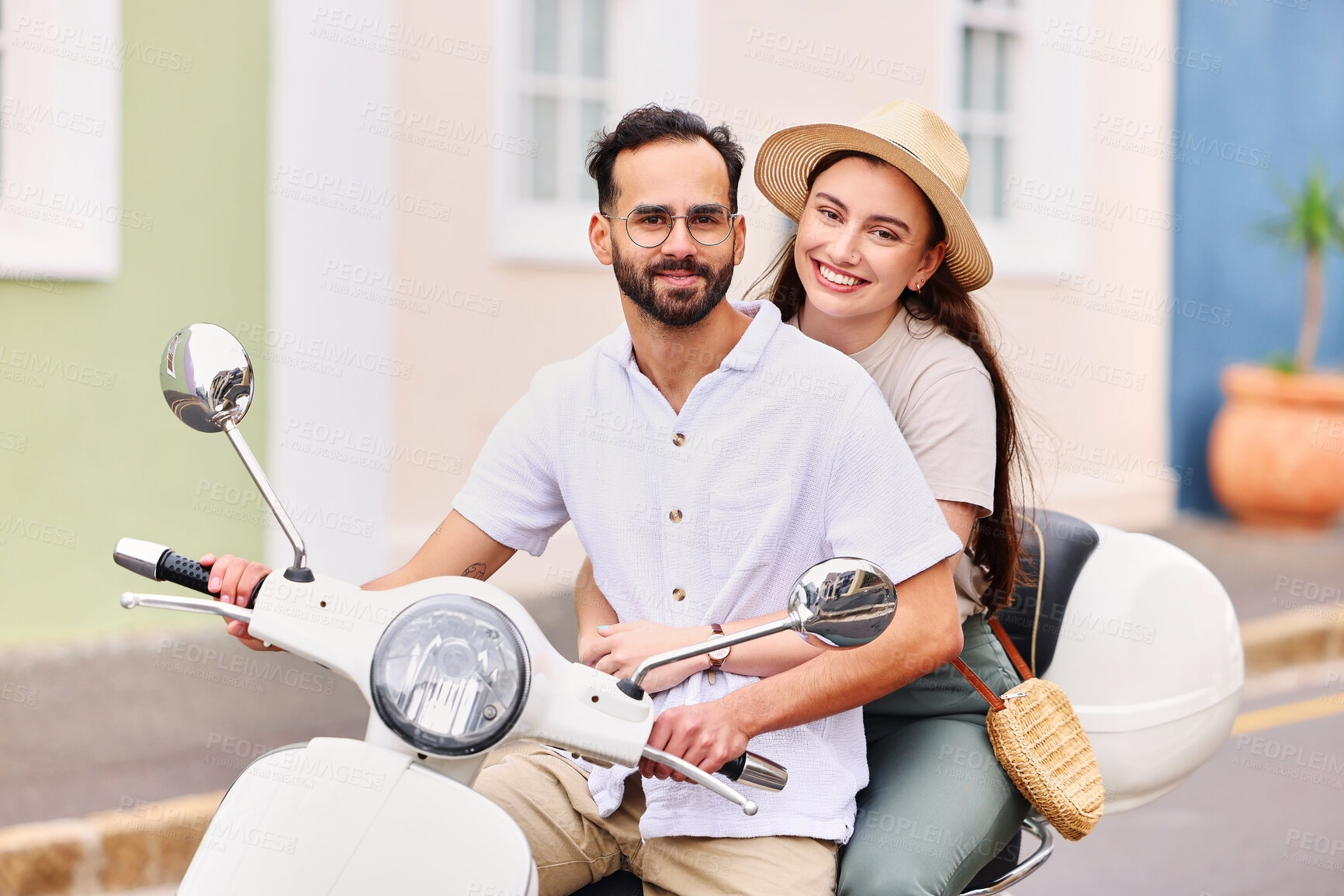 Buy stock photo Couple, portrait and travel in city with scooter for outdoor adventure, journey and romantic vacation. Man, woman and happy with commuting on moped for anniversary, holiday and tourism in Italy
