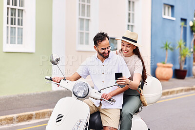 Buy stock photo Happy, couple and drive on scooter with phone for adventure, travel guide and search of location. Man, woman and gesture of direction on moped for holiday destination, information or tourism in Italy
