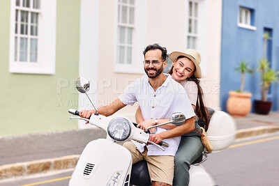 Buy stock photo Couple, happy and drive on scooter in street for outdoor travel, adventure or transportation on holiday. Woman, man and date with smile on moped for romantic anniversary, vacation or tourism in Italy