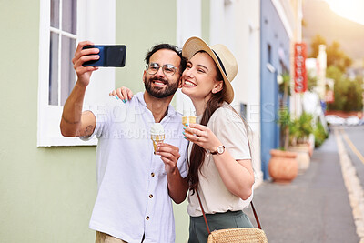 Buy stock photo Outdoor, couple and selfie with ice cream on vacation, adventure and tourists with photography in Italy. People, man and woman with love, document experience and dessert on honeymoon trip by road