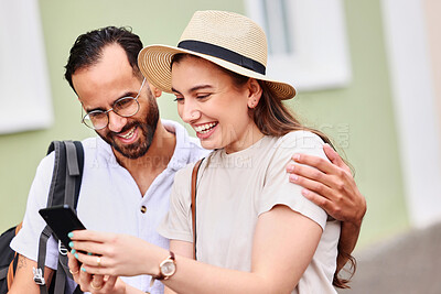 Buy stock photo Couple, happy and phone typing in city for hotel website, location search and explore with digital map. Smile, man and woman with mobile for urban directions, navigation and online itinerary in Rome