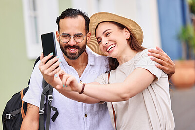 Buy stock photo Outdoor, couple and selfie with happiness on holiday, vacation adventure and tourists with photography. People, man and woman with hug, document experience and bonding on honeymoon trip in France