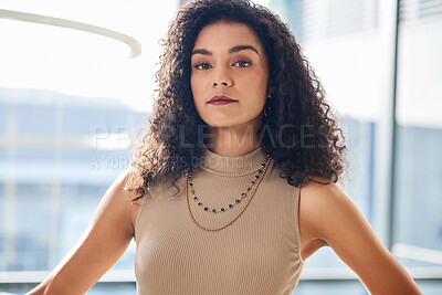 Buy stock photo Woman, serious and portrait in office for business, confidence and professional person in Brazil. Female lawyer, expert and advisor in workplace for pride, career success and legal advice in firm
