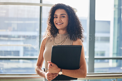 Buy stock photo Woman, portrait and folder in office for business meeting, schedule and legal job. Professional person, documents and lawyer or attorney in law firm for review, report or smile for proposal 