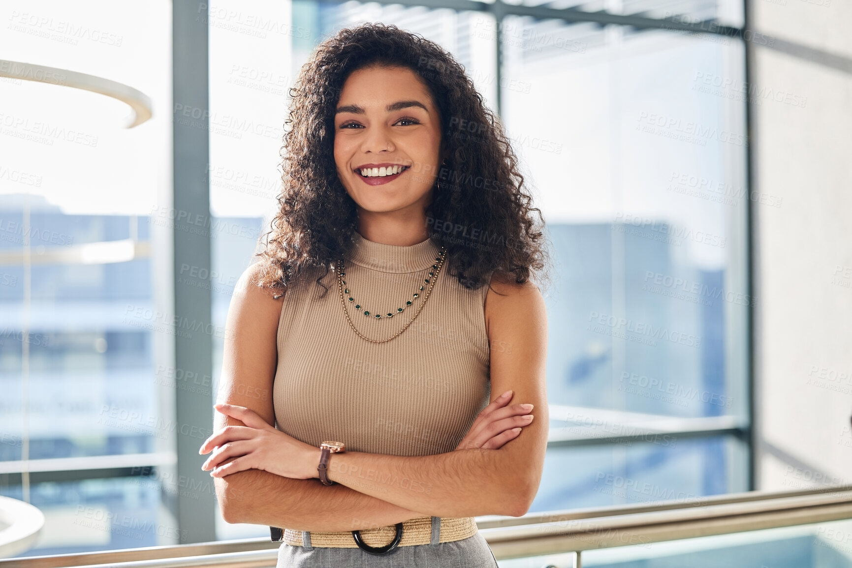 Buy stock photo Woman, portrait and happy in office with arms crossed, fashion mogul and pride with entrepreneur. Clothing design, company and confident for career in bright workplace, smile and female boss