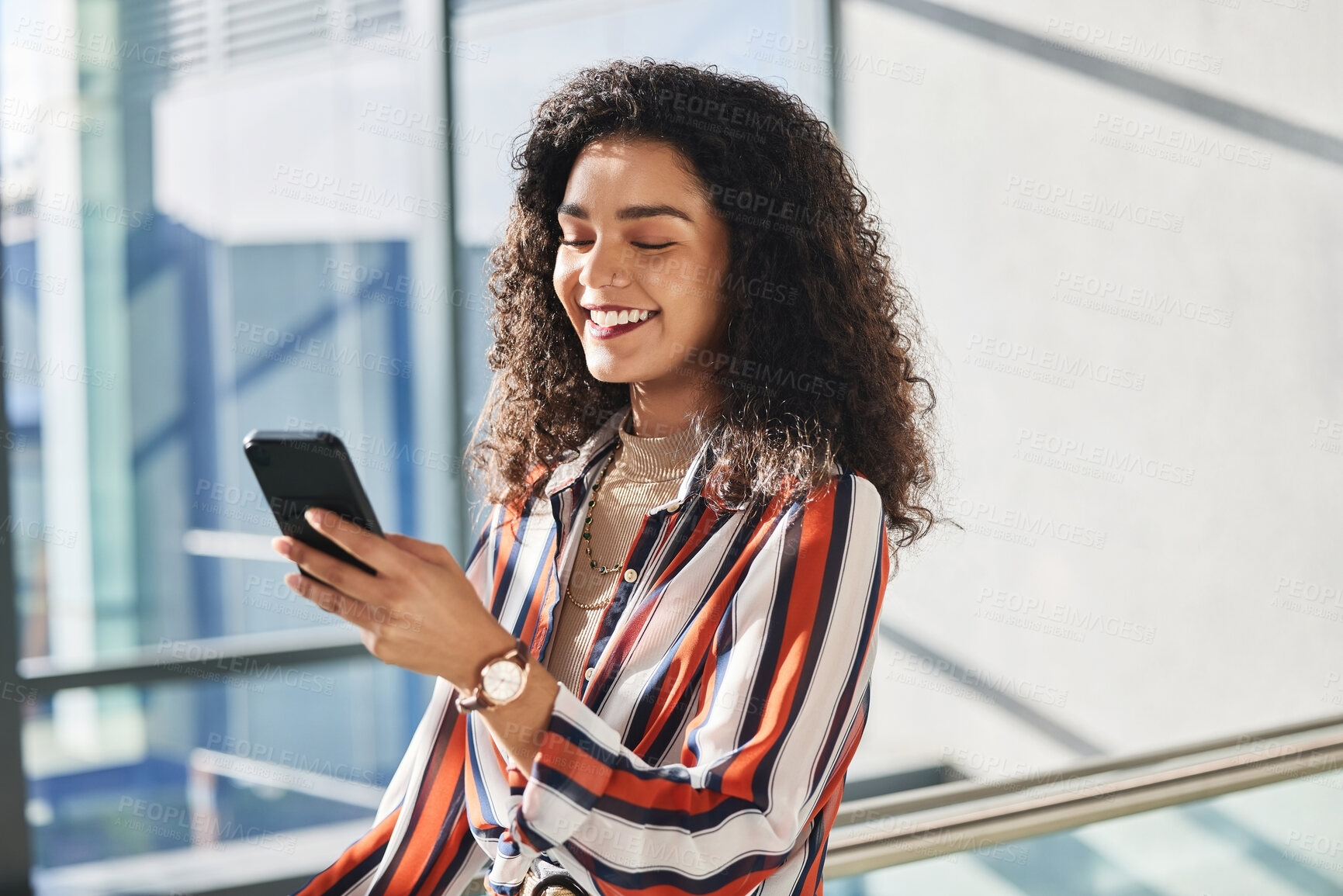 Buy stock photo Woman, cellphone and smile in office for notification, email and online review for career. Technology, happy or legal consultant in law firm and pride for feedback, information and internet agreement