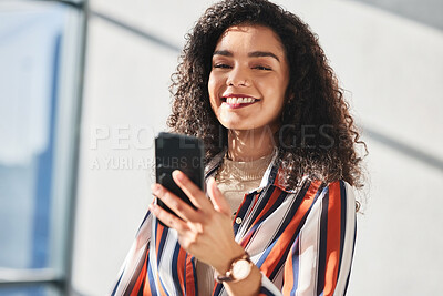 Buy stock photo Woman, smartphone and smile in office for notification, email and online review for career. Technology, happy or legal consultant in law firm and pride for feedback, information or internet agreement