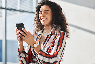 Buy stock photo Woman, smile and reading email on cellphone in office for feedback or online review for job. Technology, happy or legal consultant in law firm for agenda, information and notification for agreement