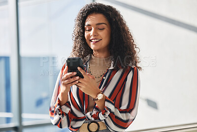 Buy stock photo Fashion designer, happy and typing on smartphone in office, smile and communication and contacting fabric suppliers. Social networking, email and business on app, entrepreneur and online or website