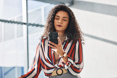 Buy stock photo Fashion designer, browsing and typing on smartphone in office, read and communication or contacting fabric suppliers. Social networking, email and business on app, entrepreneur and online or website