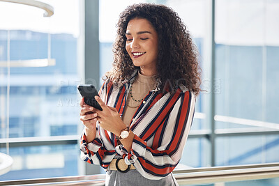 Buy stock photo Fashion designer, happy and texting on smartphone in office, smile and communication or contacting fabric suppliers. Social networking, email and business on app, entrepreneur and online or website