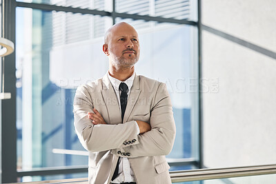 Buy stock photo Mature man, arms crossed and reflection in office, ideas and professional for insight on perspective. Male person, confident CEO and contemplating vision or opportunity on growth, planning and proud