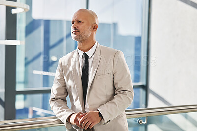 Buy stock photo Mature man, accountant and contemplating in office, ideas and professional for insight or perspective. Male person, confident CEO and business vision or reflection on growth, planning and serious