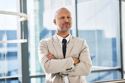Buy stock photo Mature man, arms crossed and planning in office, ideas and professional for insight or perspective. Male person, confident CEO and contemplating vision or reflection on growth, mission and proud