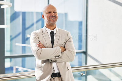 Buy stock photo Office, thinking and business man with confidence for law firm, professional career and legal advice with smile. Workplace, mature lawyer or arms crossed for justice, compliance or corporate attorney