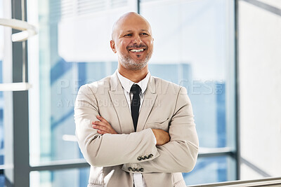 Buy stock photo Mature man, arms crossed and thinking in office, ideas and professional for insight or perspective. Male person, confident CEO and contemplating vision or reflection on growth, planning and smile