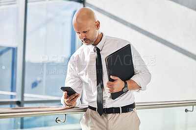 Buy stock photo Cellphone, man and notification in office for business meeting, report and email or review. Professional person, lawyer and documents or folder and technology for schedule, internet and online app