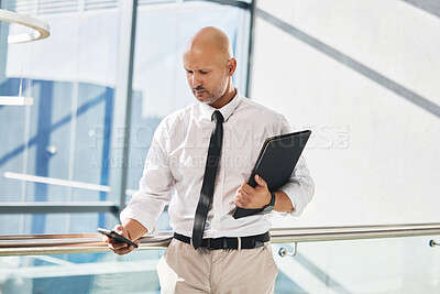 Buy stock photo Smartphone, man and notification in office for business meeting, report and email or review. Professional person, lawyer and documents or folder and technology for schedule, internet and online app