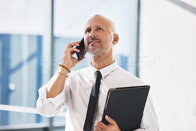 Buy stock photo Mature man, phone call and investor for business deal in office, advisor and feedback on agenda. Male person, negotiation and talking to client for progress development, chat and sales conversation