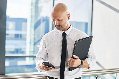 Buy stock photo Smartphone, businessman and notification in office for meeting, report and news or review. Communication, lawyer and documents or folder and technology for schedule, internet and online for email