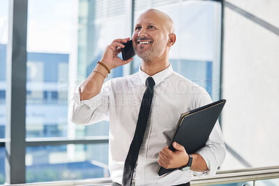 Buy stock photo Mature man, phone call and investor for sales in office, networking and talking to client. Male person, financial advisor and feedback for consulting, negotiation and CEO for progress development