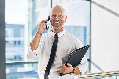 Buy stock photo Mature man, phone call and investor portrait in office, communication and client for negotiation. Male person, CEO consulting and feedback for operational progress, networking and financial contact