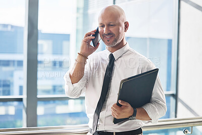 Buy stock photo Phone call, smile or mature businessman in office for contact, feedback or company update in city. Male lawyer, happy or talking on cell for communication, legal advice or problem solving in consult
