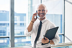Mature man, phone call and trader portrait in office, communication and client for negotiation. Male person, CEO consulting and feedback for operational progress, networking and financial contact