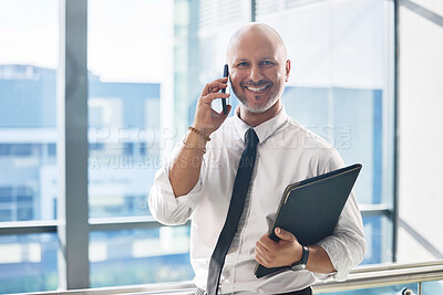 Buy stock photo Mature man, phone call and trader portrait in office, communication and client for negotiation. Male person, CEO consulting and feedback for operational progress, networking and financial contact