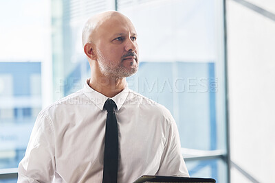 Buy stock photo Businessman, idea and document in office building with thinking for corporate, thought for future goal or growth. Male accountant, planning or portfolio in workplace with pondering for company budget