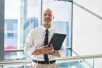 Buy stock photo Office, portrait and business man with document for review, case information and research for law firm. Career, mature attorney and file for legal advice, compliance and justice as immigration lawyer