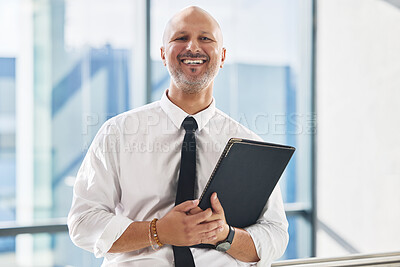 Buy stock photo Office, portrait and mature man with document for review, case information and research for law firm. Career, business attorney and file for legal advice, compliance and justice as immigration lawyer