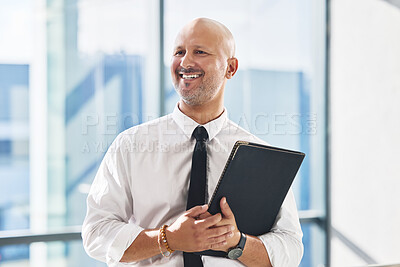 Buy stock photo Office, thinking and mature man with file for review, case information and research for law firm. Career, business attorney and document for legal advice, compliance and justice as immigration lawyer