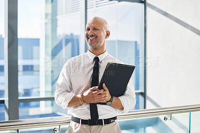 Buy stock photo Office, thinking and mature man with document for review, case information and research for law firm. Career, business attorney and file for legal advice, compliance and justice as immigration lawyer