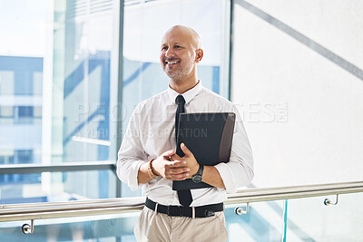 Buy stock photo Office, thought and business man with document for review, case information and thinking for law firm. Career, mature attorney and file for legal advice, compliance and justice as immigration lawyer