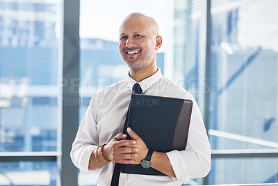 Buy stock photo File, smile and thinking with business man in office for audit or tax review of financial documents. Accounting, idea and planning with happy corporate employee in workplace for professional work